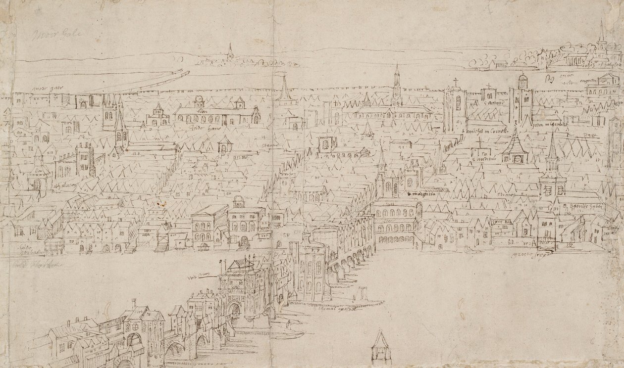 Panorama Londýna při pohledu ze Southwarku: London Bridge, 1554 od Anthonis van den Wyngaerde