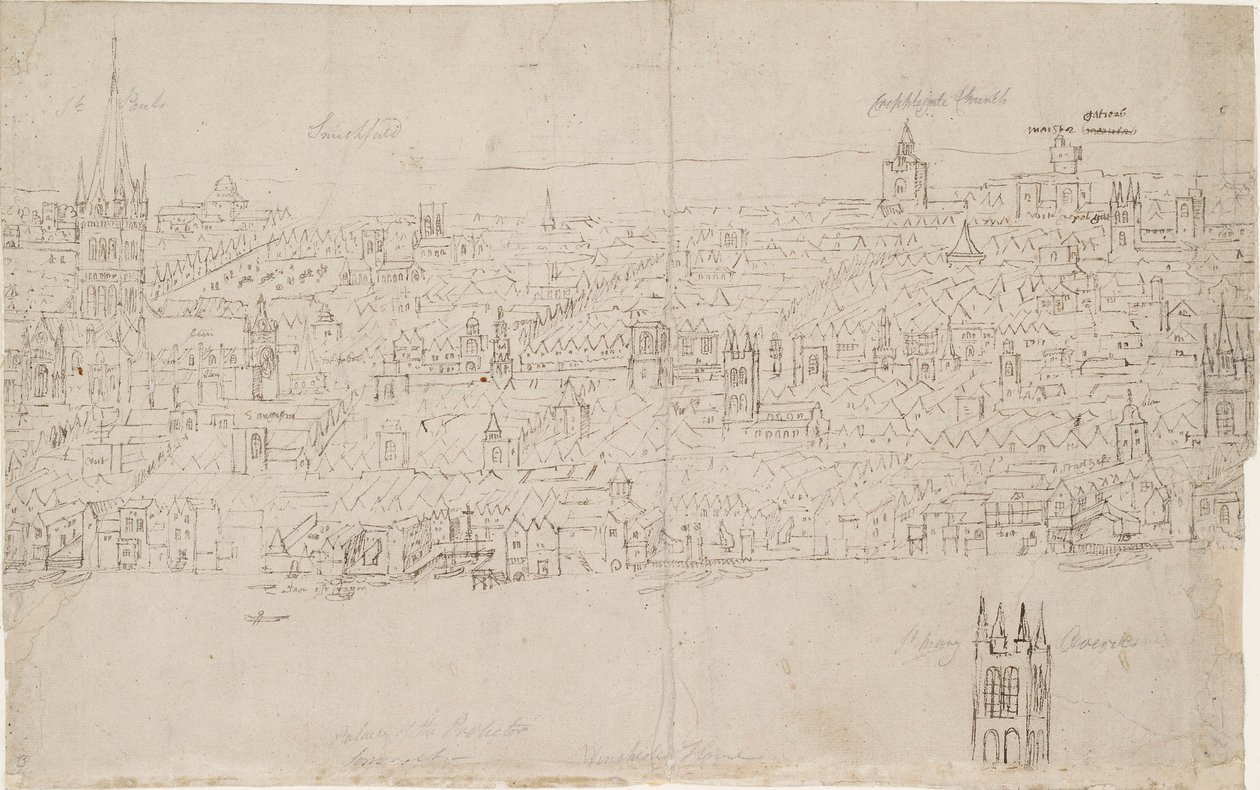 Panorama Londýna při pohledu ze Southwarku: Katedrála svatého Pavla, 1554 od Anthonis van den Wyngaerde
