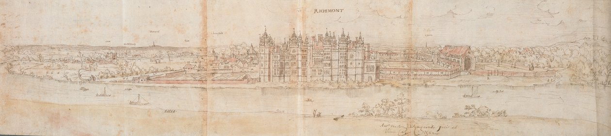 Richmondský palác přes Temži, 1562 od Anthonis van den Wyngaerde