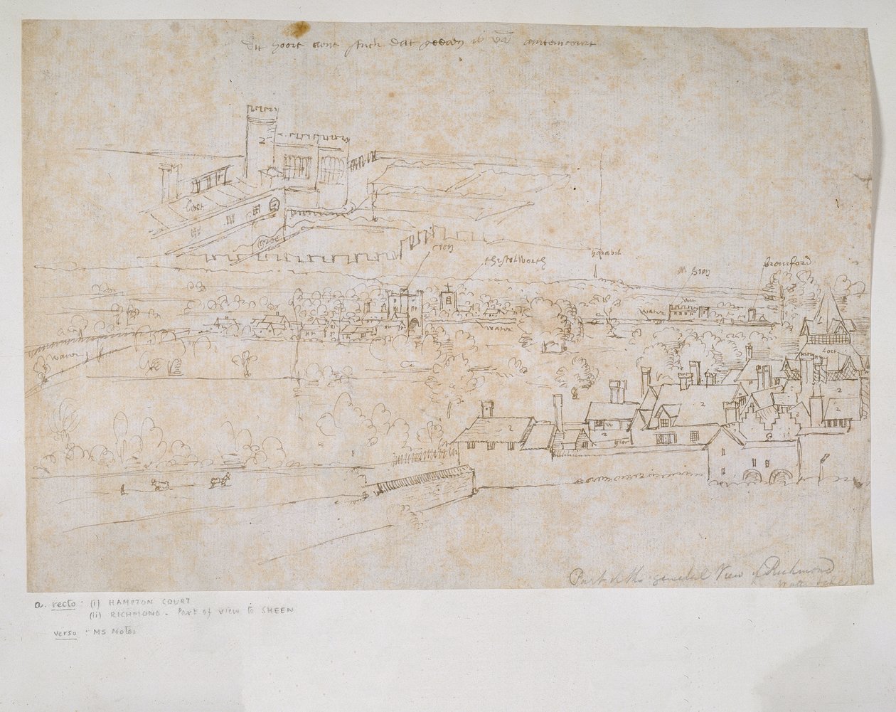 List studií paláců Hampton Court a Richmond a okolní krajiny od Anthonis van den Wyngaerde