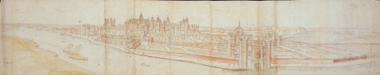 Pohled na palác Hampton Court od jihu, s řekou v popředí, 1558 od Anthonis van den Wyngaerde