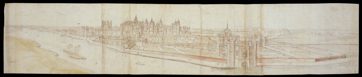 Pohled na palác Hampton Court od jihu, s řekou v popředí, 1558 (pero a hnědý inkoust a akvarely přes černou křídu) od Anthonis van den Wyngaerde