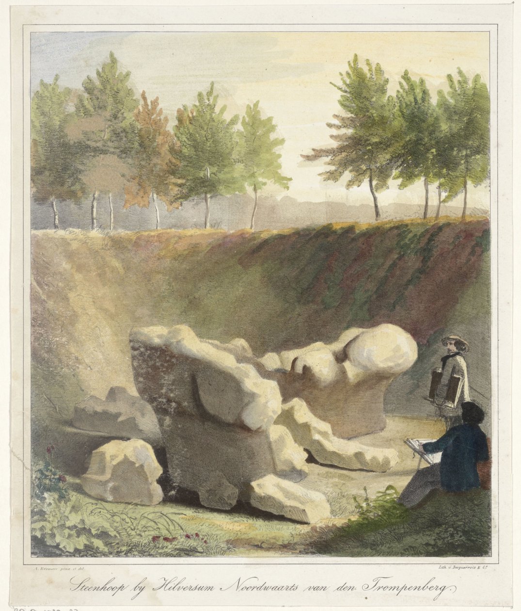 Ilustrátoři na archeologické vykopávky Mohyla poblíž Hilversumu Severně van den Trompenberg (název na objektu) od Anthonius Brouwer