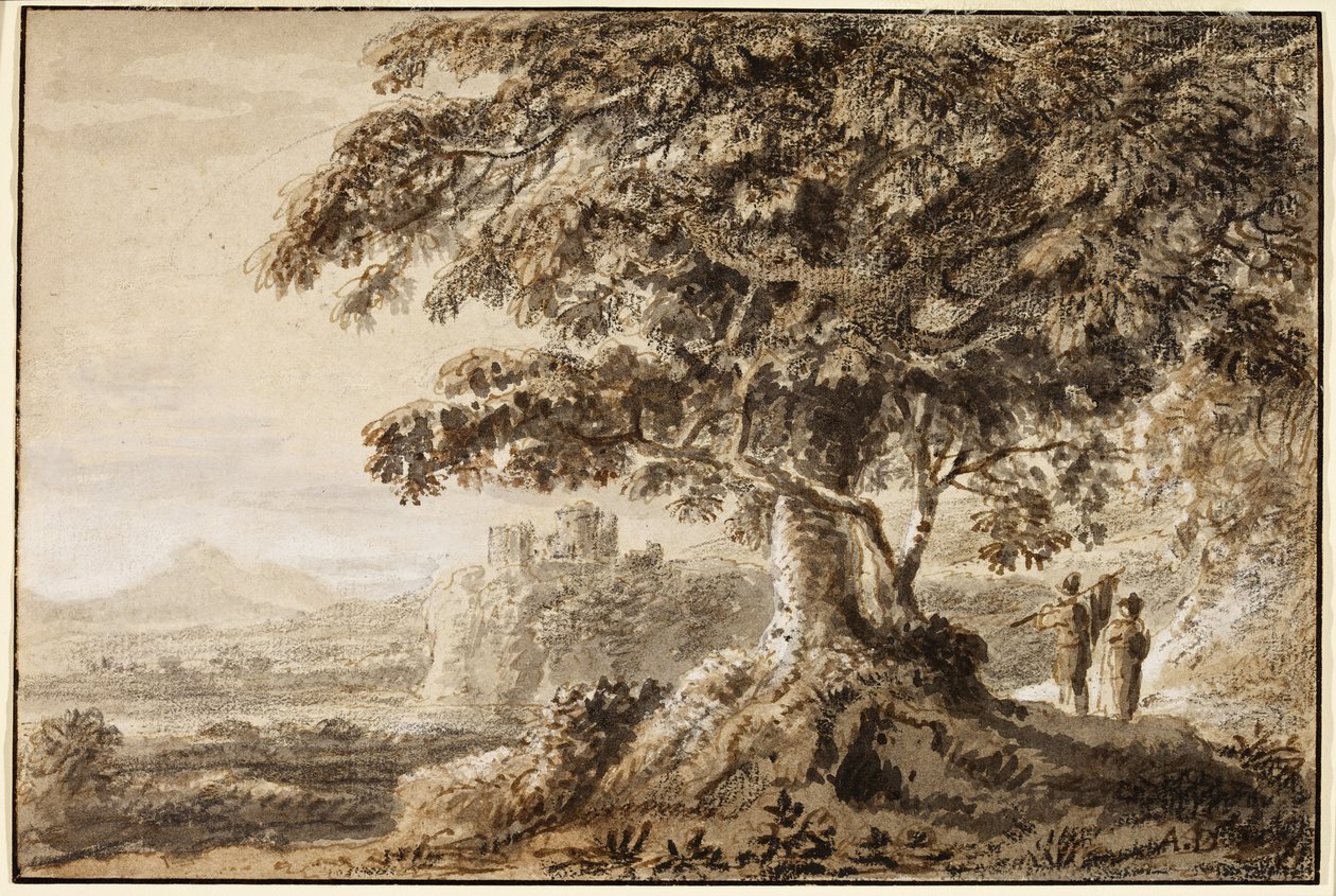 Krajina - skalnaté popředí a dvě postavy (inkoust na papíře) od Anthony Devis