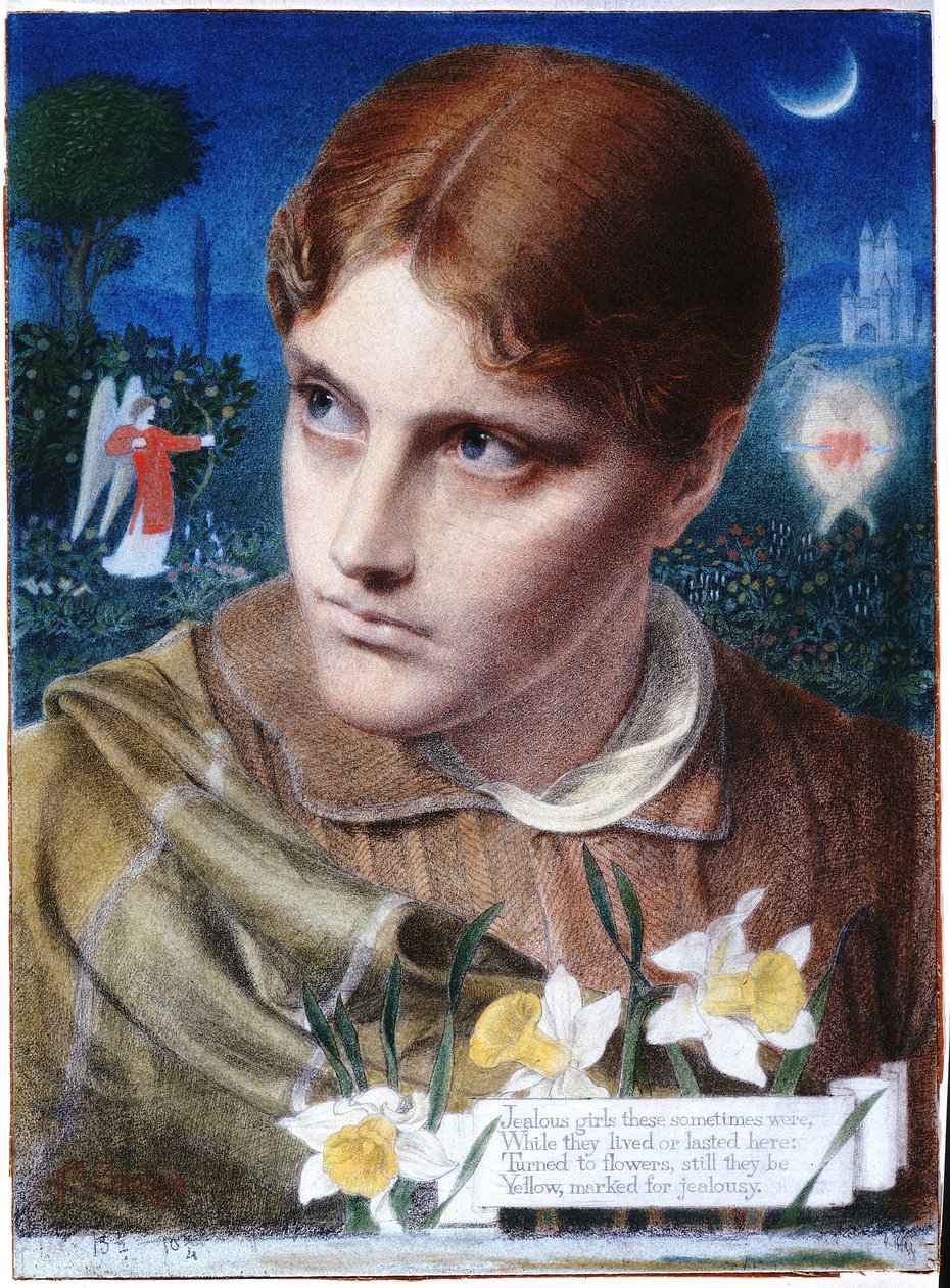 Žárlivost (křída a tužka na desce) od Anthony Frederick Augustus Sandys