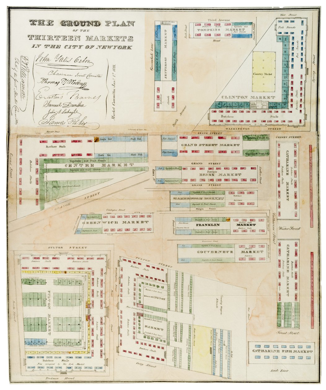 Půdorys třinácti trhů ve městě New York, 1833 (černý inkoust, s barevným lavírováním, na papíře) od Anthony Imbert