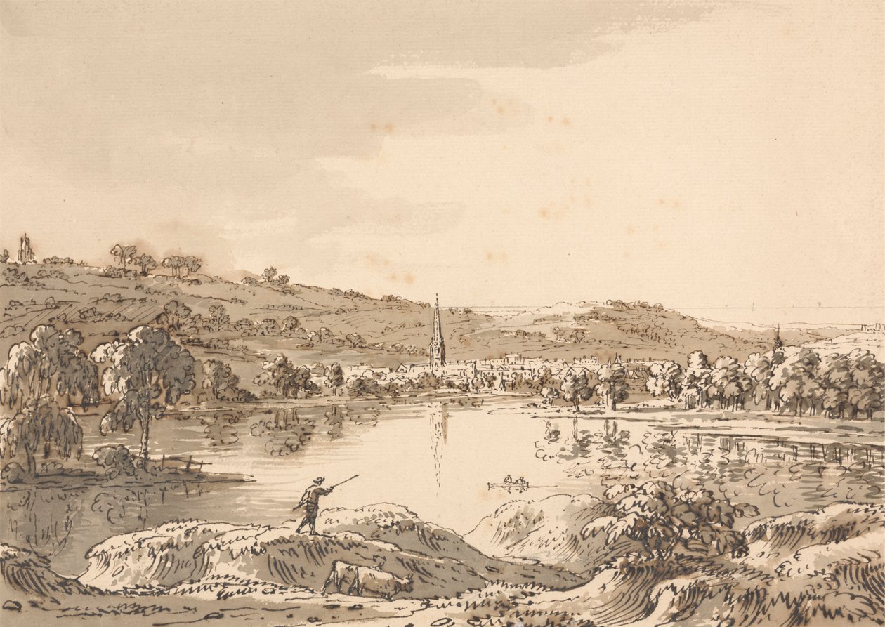 Vesnice při pohledu přes jezero od Anthony Devis