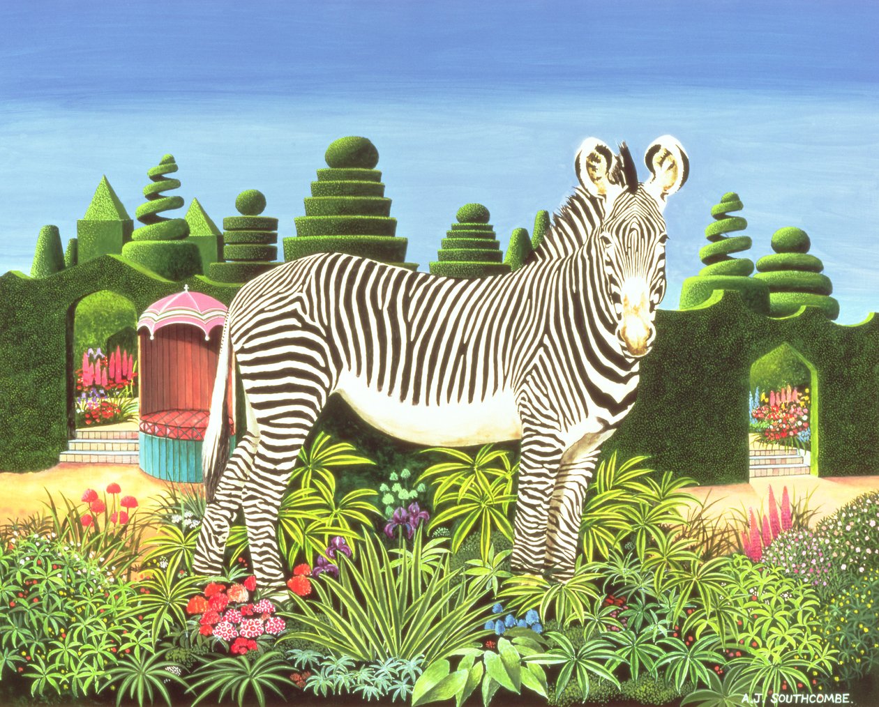 Zebra v zahradě, 1977 (akryl na palubě) od Anthony Southcombe