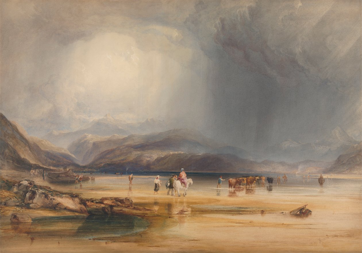 Pohled na Snowdon z Sands of Traeth Mawr, pořízený v Fordu mezi Pont Aberglaslyn a Tremadoc od Anthony Vandyke Copley Fielding