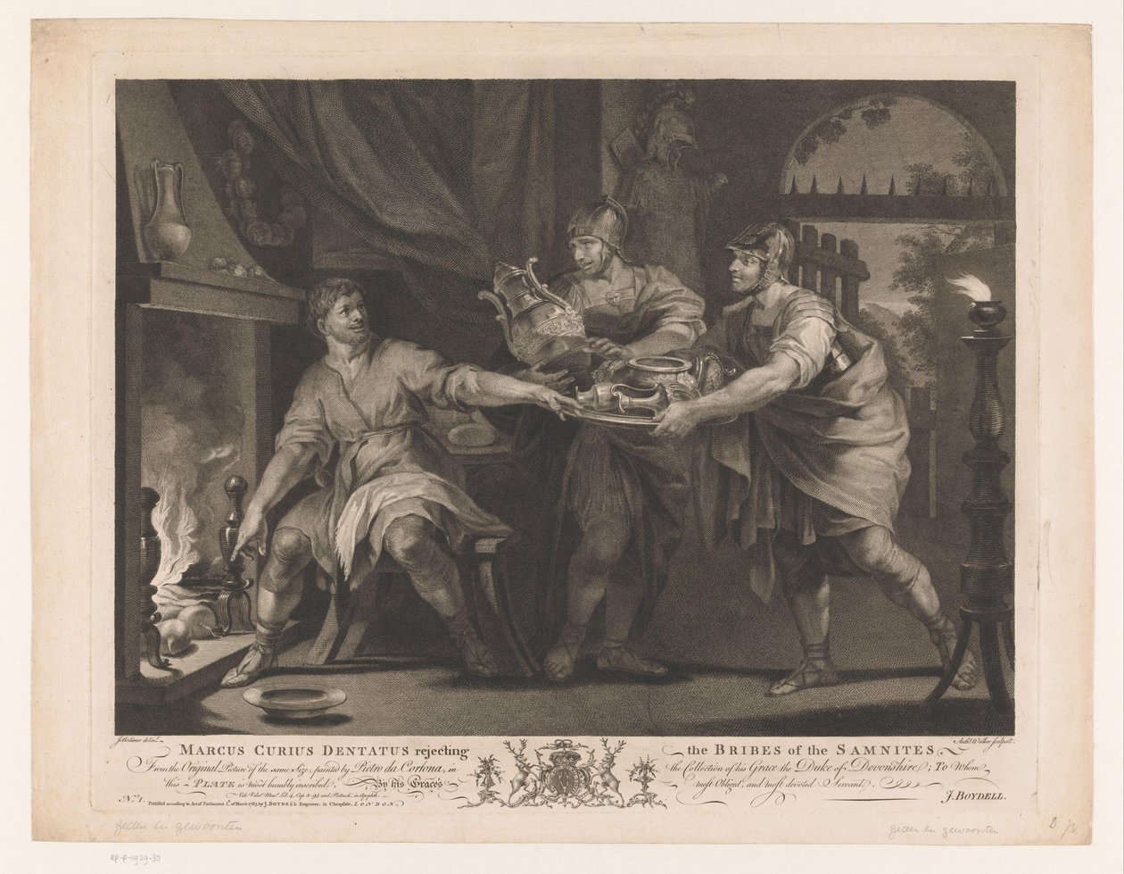 Manius Curius Dentatus weigert de geschenken van de Samnieten Marcus Curius Dentatus rejecting the Bribes of the Samnites (title on object) Zeventiende-eeuwse schilderijen uit de Devonshire-collectie (series title)   1369801   cs       czech Successfully T od Anthony Walker