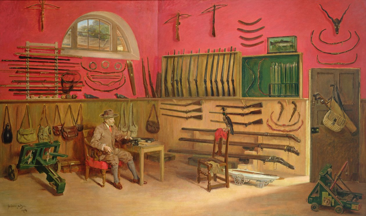 Sir Ralph Payne Gallwey ve své zbrojnici v Thirkleby Hall, Yorkshire, 1914 od Anthony de Bru