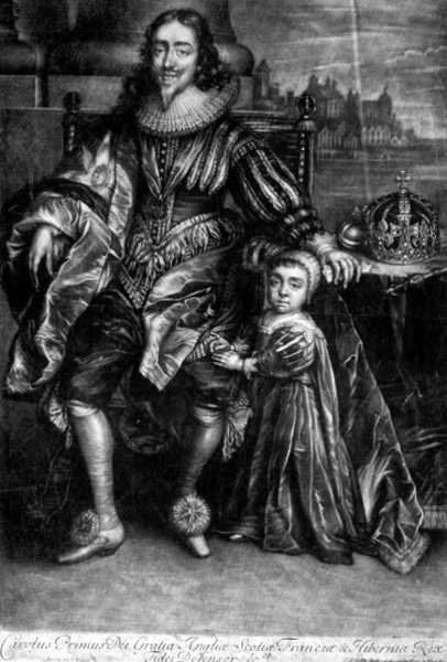 Karel I. (1600-49) se synem (rytina) od Anthony van (after) Dyck