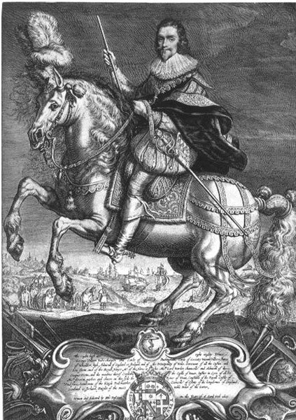 Jezdecký portrét George Villierse (1592-1628) 1. vévoda z Buckinghamu, vyrytý Willem de Passe (1598-1637) 1625 (rytina) od Anthony van (after) Dyck