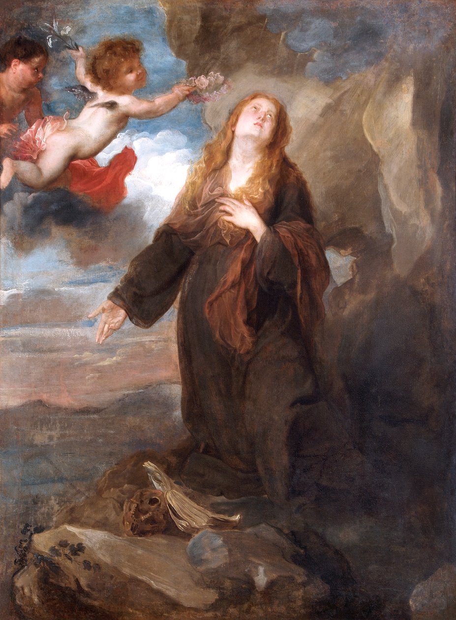 Svatá Rozálie korunovaná růžemi od dvou andělů od Anthony van (after) Dyck