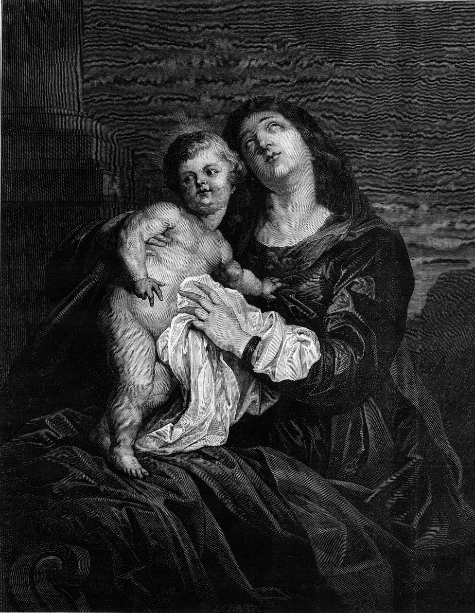 Panna a dítě Ježíš. Rytina podle obrazu Antona (Antoona nebo Anthonyho) van Dycka (1599-1641). Rytina v „“ Le Monde Illustré““ č. 1239 z 25. prosince 1880. od Anthony van (after) Dyck