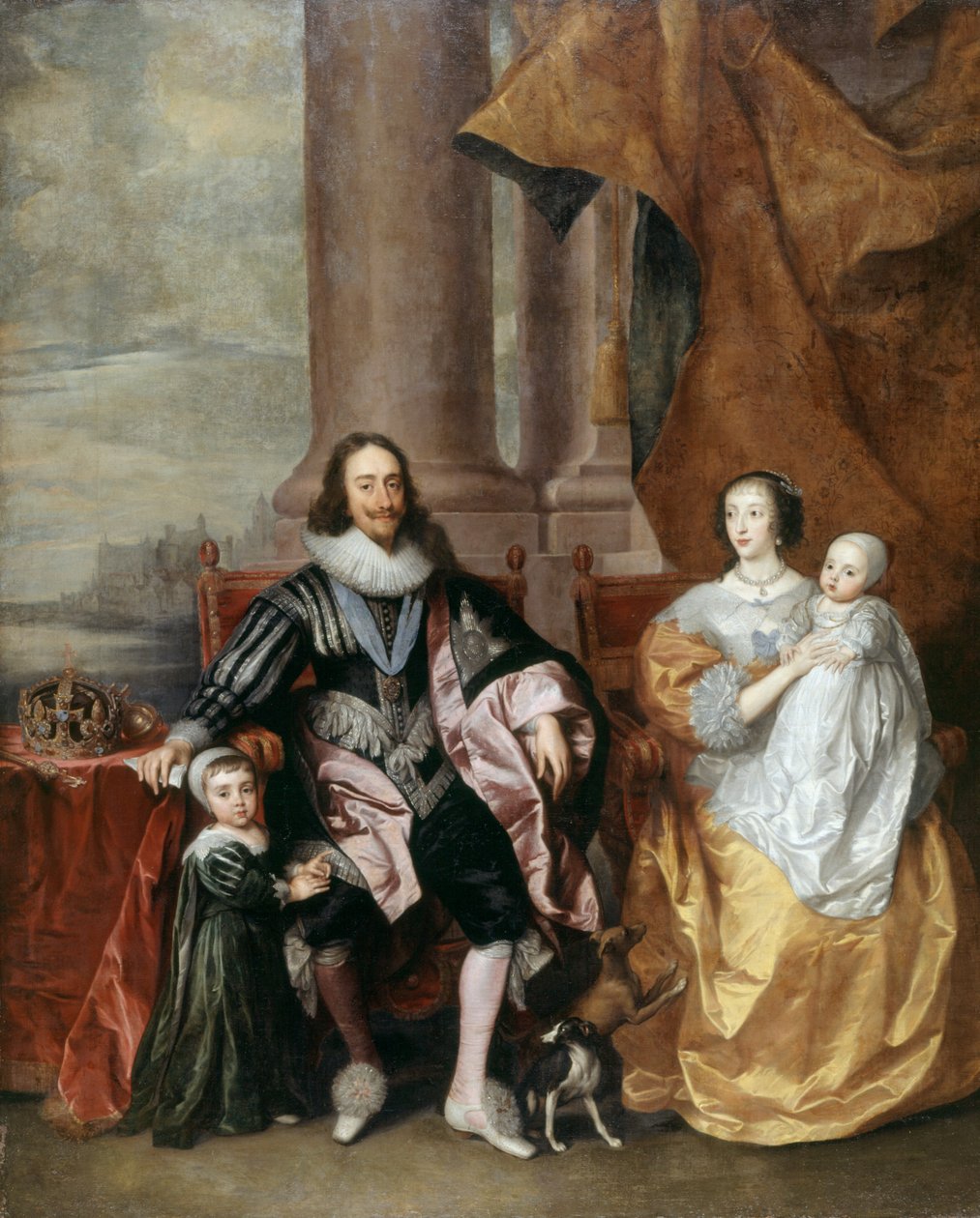 Karel I., královna Henrietta a dvě z jejich nejstarších dětí (olej na panelu) od Anthony van (follower of) Dyck