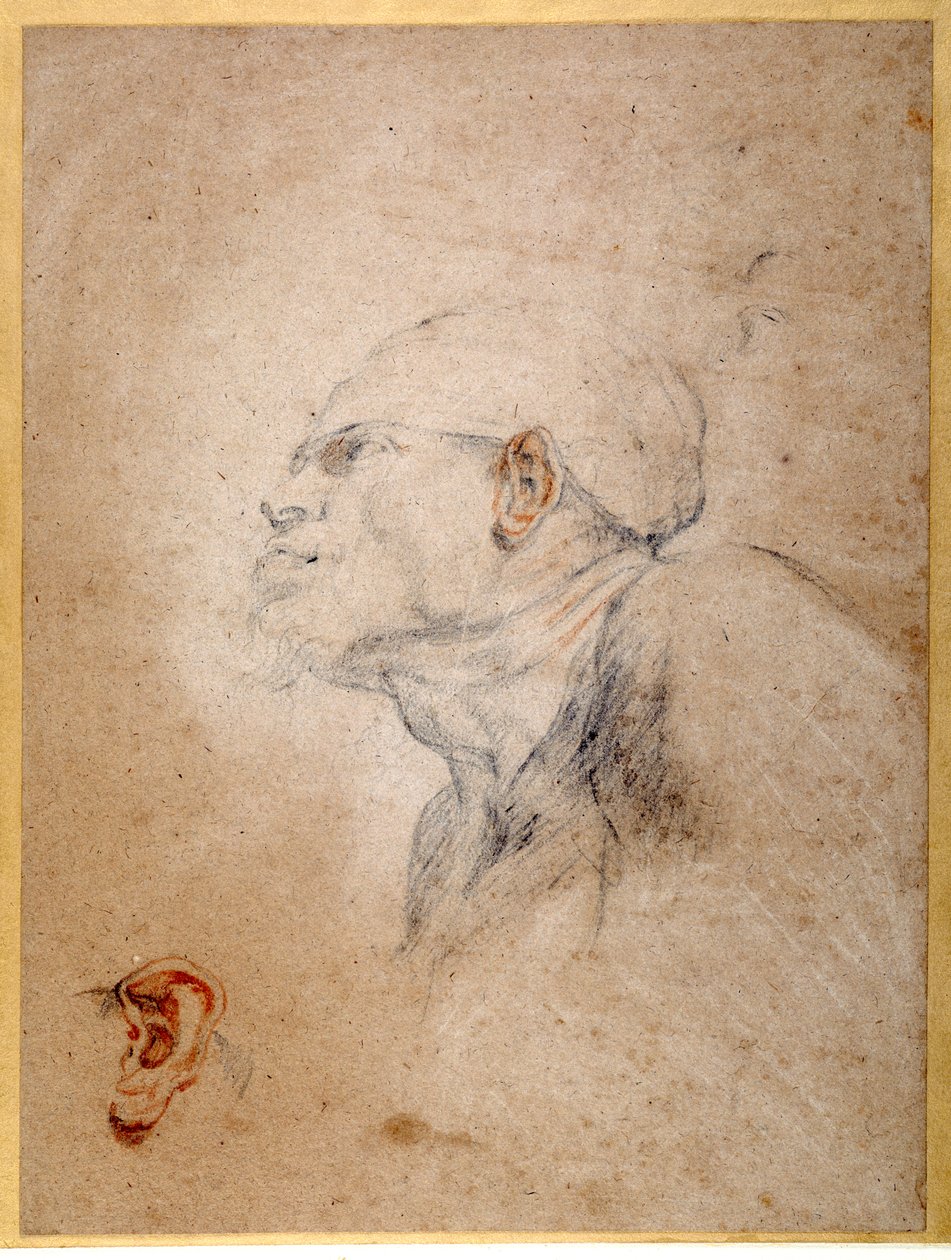 Muž má obvázanou hlavu, levé ucho nacvičené zvlášť (černá a červená křída na papíře) od Anthony van Dyck