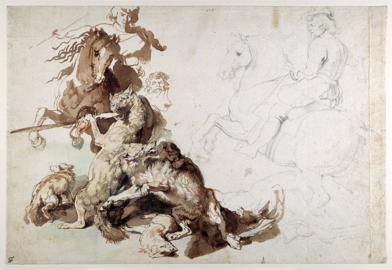 Hon na vlka a lišku (The European Hunt) (křídy s mytím na papíře) od Anthony van Dyck