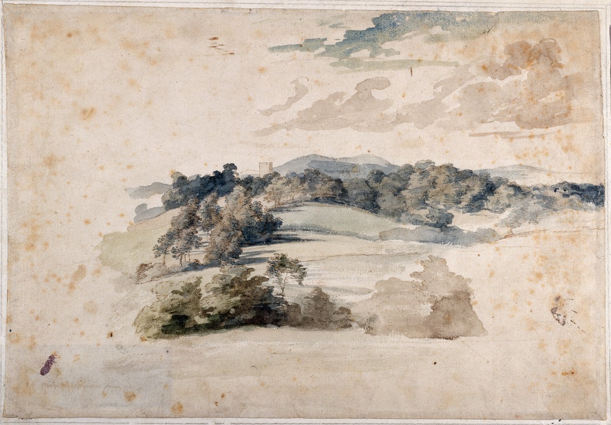 Anglická krajina luk a zalesněných kopců (tužka a akvarel na papíře) od Anthony van Dyck