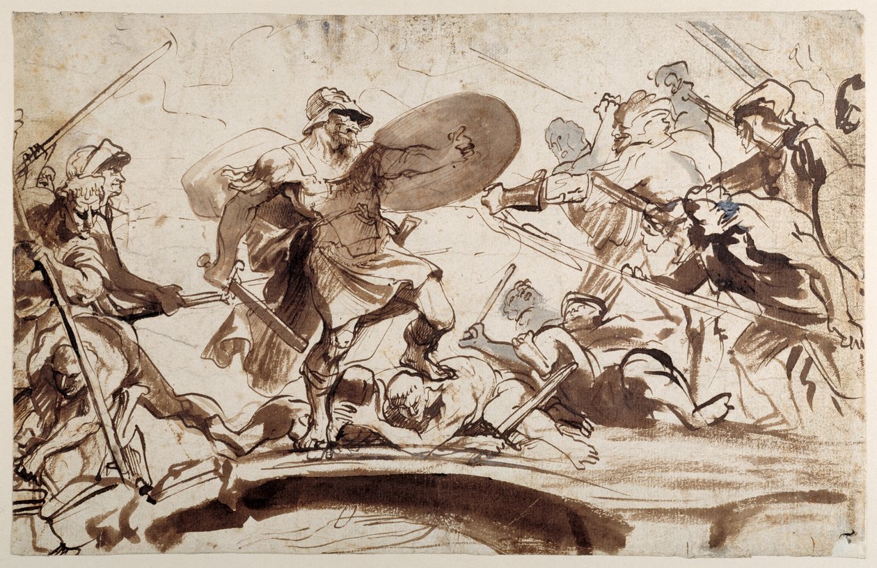 Horatius Cocles bránící Tiberský most (pero a inkoust s mytím na papíře) od Anthony van Dyck