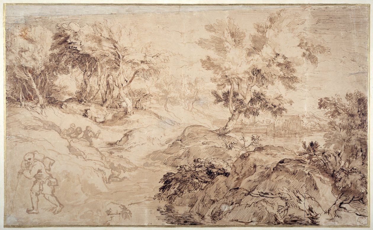 Krajina na způsob Tiziana (pero a inkoust na papíře) od Anthony van Dyck