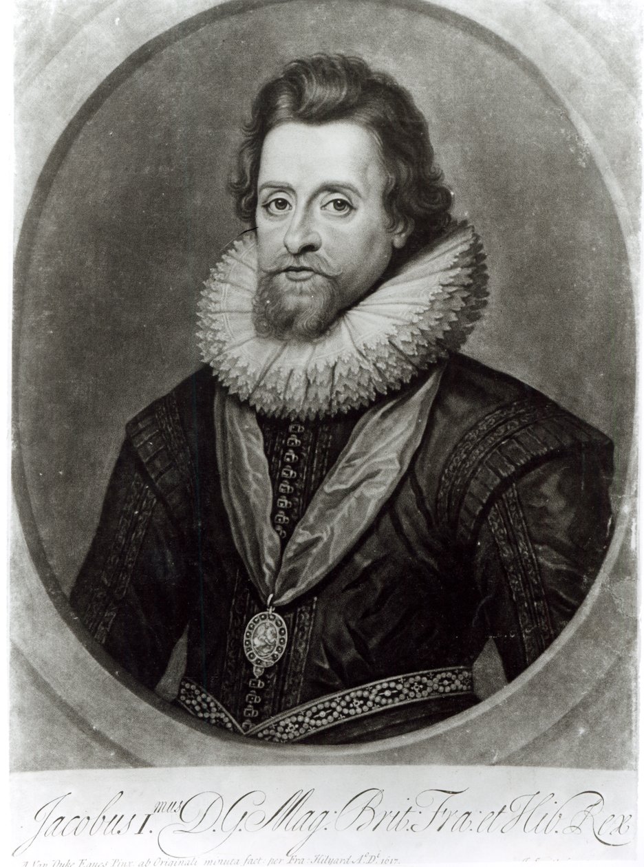 Portrét Jakuba I. (1566-1625) podle miniatury Nicholase Hilliarda (1547-1619) z roku 1617, vyrytý George Vertue (1684-1756) od Anthony van Dyck