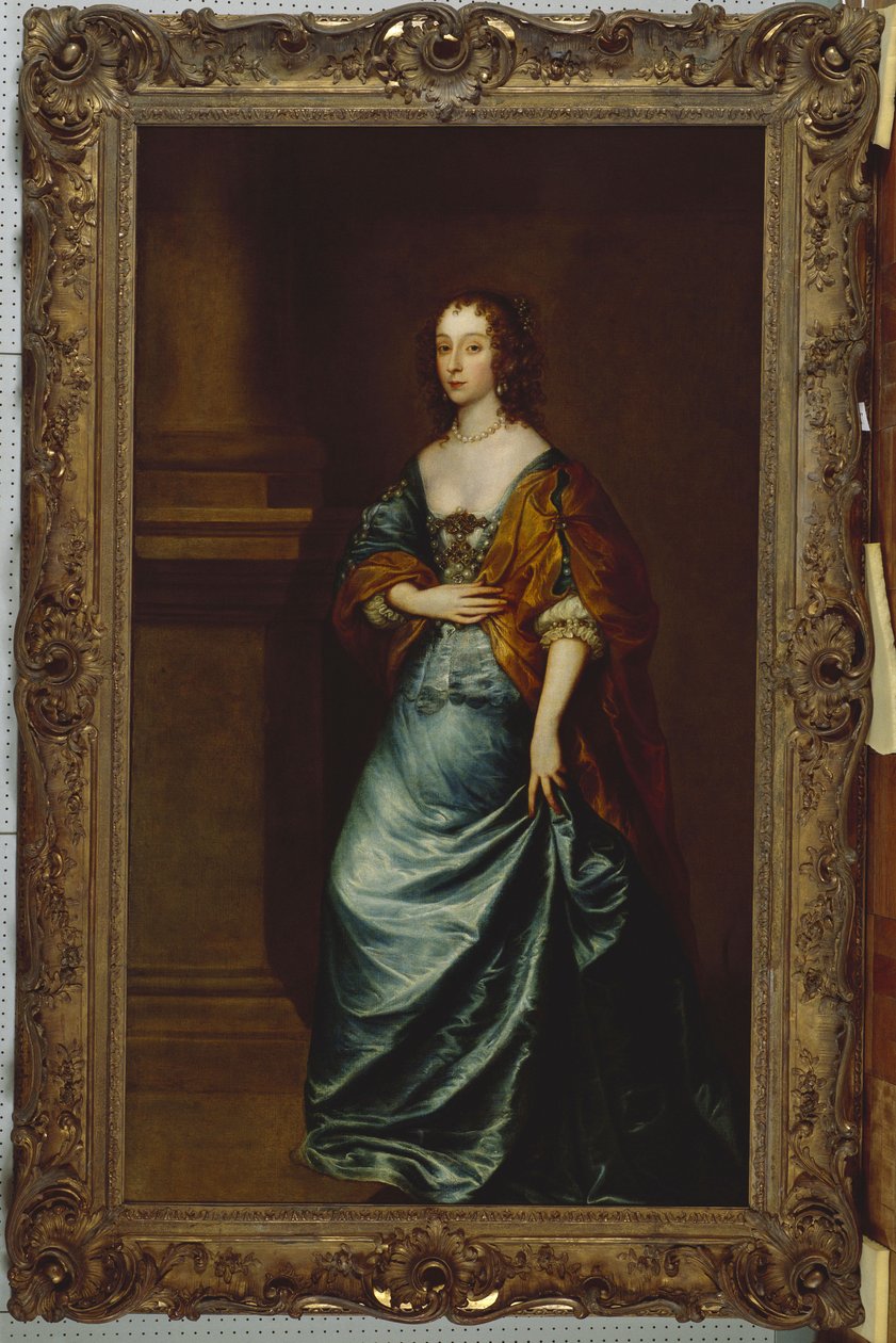 Portrét Mary Villiersové, vévodkyně z Lennoxu a Richmondu, v modrých šatech a hnědém obalu u sloupu od Anthony van Dyck