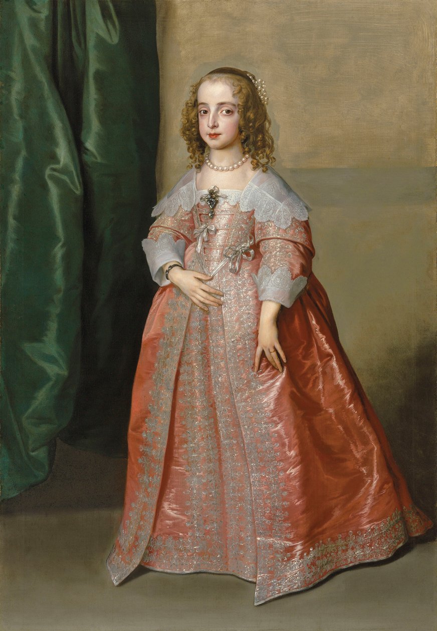 Portrét princezny Marie (1631-1660), dcery anglického krále Karla I., v plné velikosti, v růžových šatech zdobených stříbrnou výšivkou a stuhami. od Anthony van Dyck