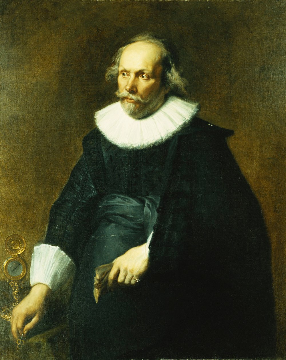Portrét gentlemana, tříčtvrteční, v černém kostýmu s bílým límcem a manžetami, u stolku s hodinkami, od Anthony van Dyck