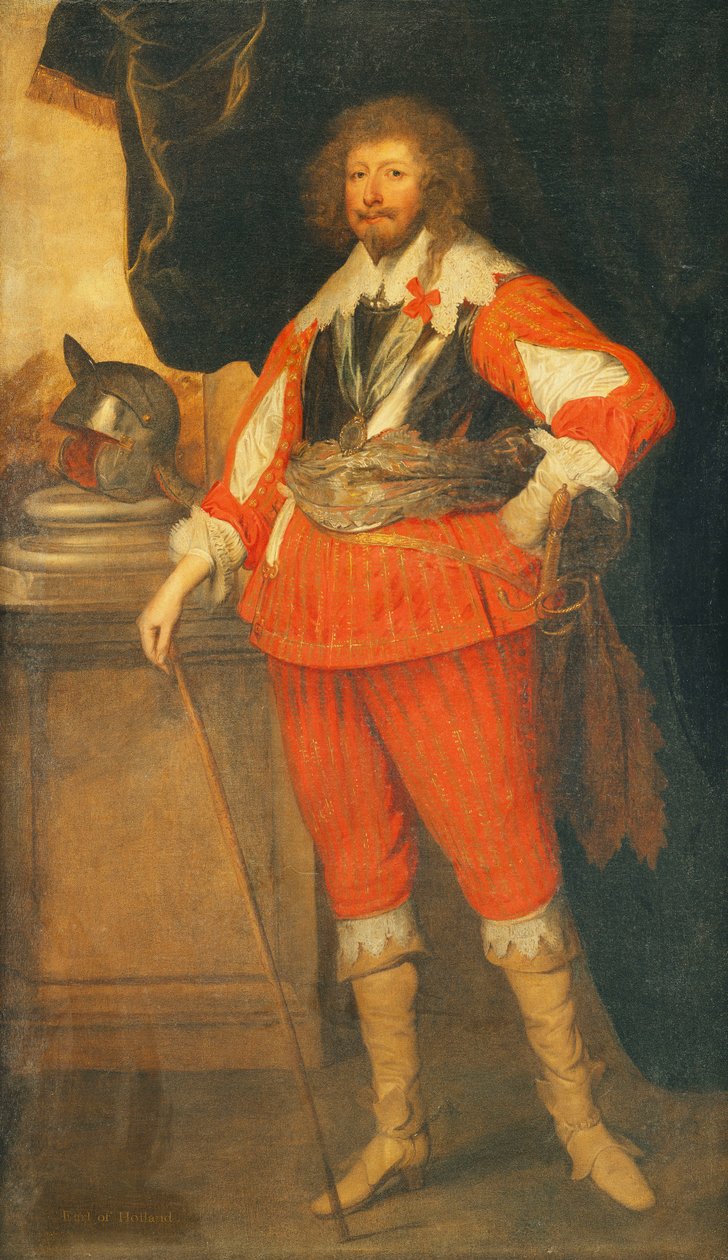 Portrét šlechtice, o kterém se říká, že je Henry Rich, 1. hrabě z Holandska, po celé délce, má na sobě náprsník, šerpu a meč, ruku položenou na tyči, helmu na podstavci, stojící před zakrytou kolonádou, od Anthony van Dyck