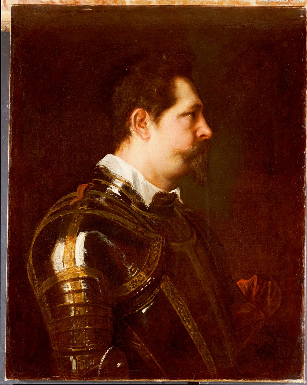 Portrét generála, dlouhý přes prsa, v damascénském brnění s bílým límcem a červenou šerpou od Anthony van Dyck