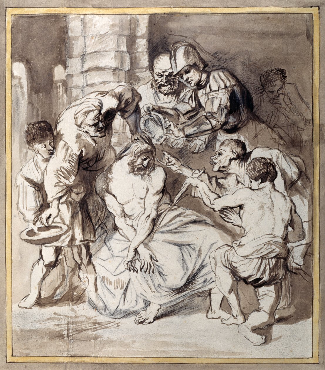 Zesměšňování Krista (pero a inkoust s přepíráním křídou na papíře) od Anthony van Dyck