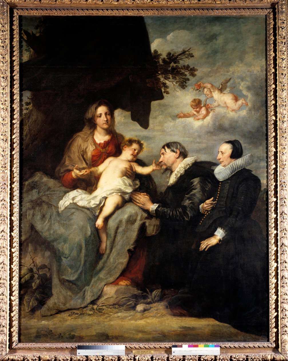 Panna má dítě dárcům Pár dárců zahalený v módě 16. století s jahodou. Obraz Antona Van Dycka (1599-1641) 17. století Sun. 2,5x1,91m od Anthony van Dyck