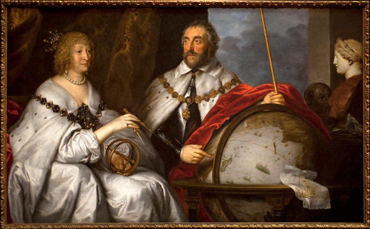 Thomas Howard Graf Arundel (1586-1646) a jeho manželka Alathea Talbot (1586-1654) nebo portrét Madagaskaru). Muž navrhuje ostrov Madagaskar na zeměkouli. Obraz Sira Antoina (Antona) Van Dycka (1599-1641), olej na plátně, cca 1639-1640. anglický ar od Anthony van Dyck