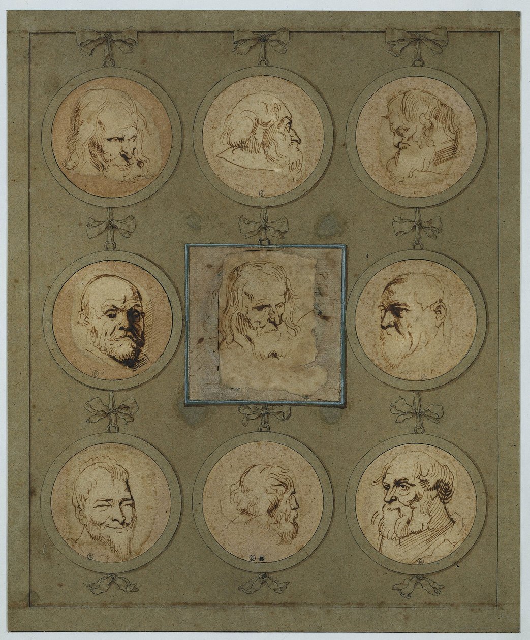 Sběrný list s devíti studiemi hlav v medailonech od Anthony van Dyck
