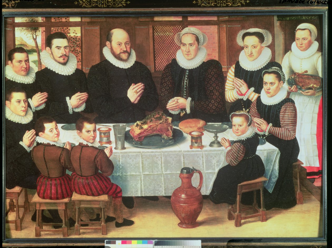Rodina říká milost před jídlem, 1585 od Anthuenis Claeissins or Claeissens