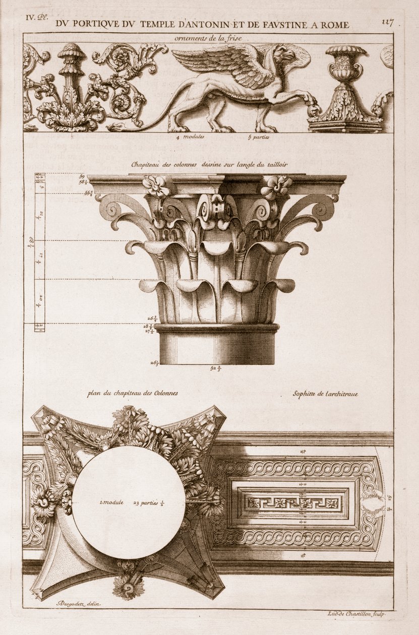 Chrám Antonina a Faustiny, detaily z portiku, z „Les Edifices Antiques de Rome“, vydané 1682 od Antoine Babuty Desgodets