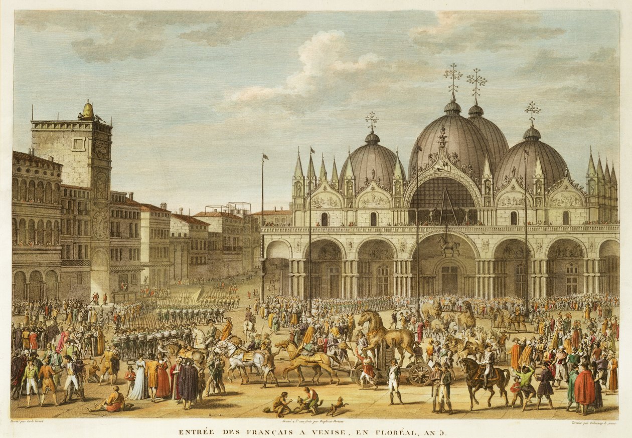 Vstup Francouzů do Benátek a krádež koní San Marco, ve Florealu, rok 5 (květen 1797), vyrytý Jean Duplessi-Bertaux (1747-1819) (akvatinta) od Antoine Charles Horace Vernet