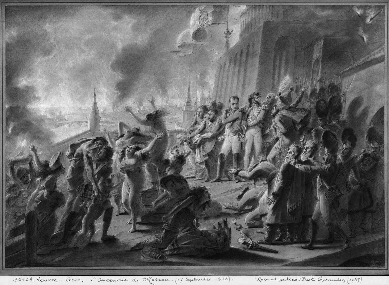 Požár Moskvy v září 1812 (pero a hnědý inkoust a šedé praní a kvaš na papíře) od Antoine Jean Gros