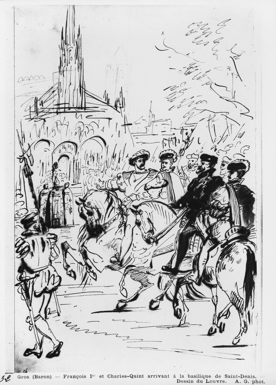 František I. a Karel V. přijíždějící do opatského kostela Saint-Denis, kolem roku 1811 (pero a hnědý inkoust a grafit na papíře) od Antoine Jean Gros