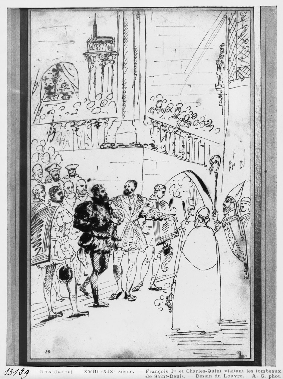František I. a Karel V. v opatském kostele Saint-Denis, kolem roku 1811 (pero a hnědý inkoust a grafit na papíře) od Antoine Jean Gros