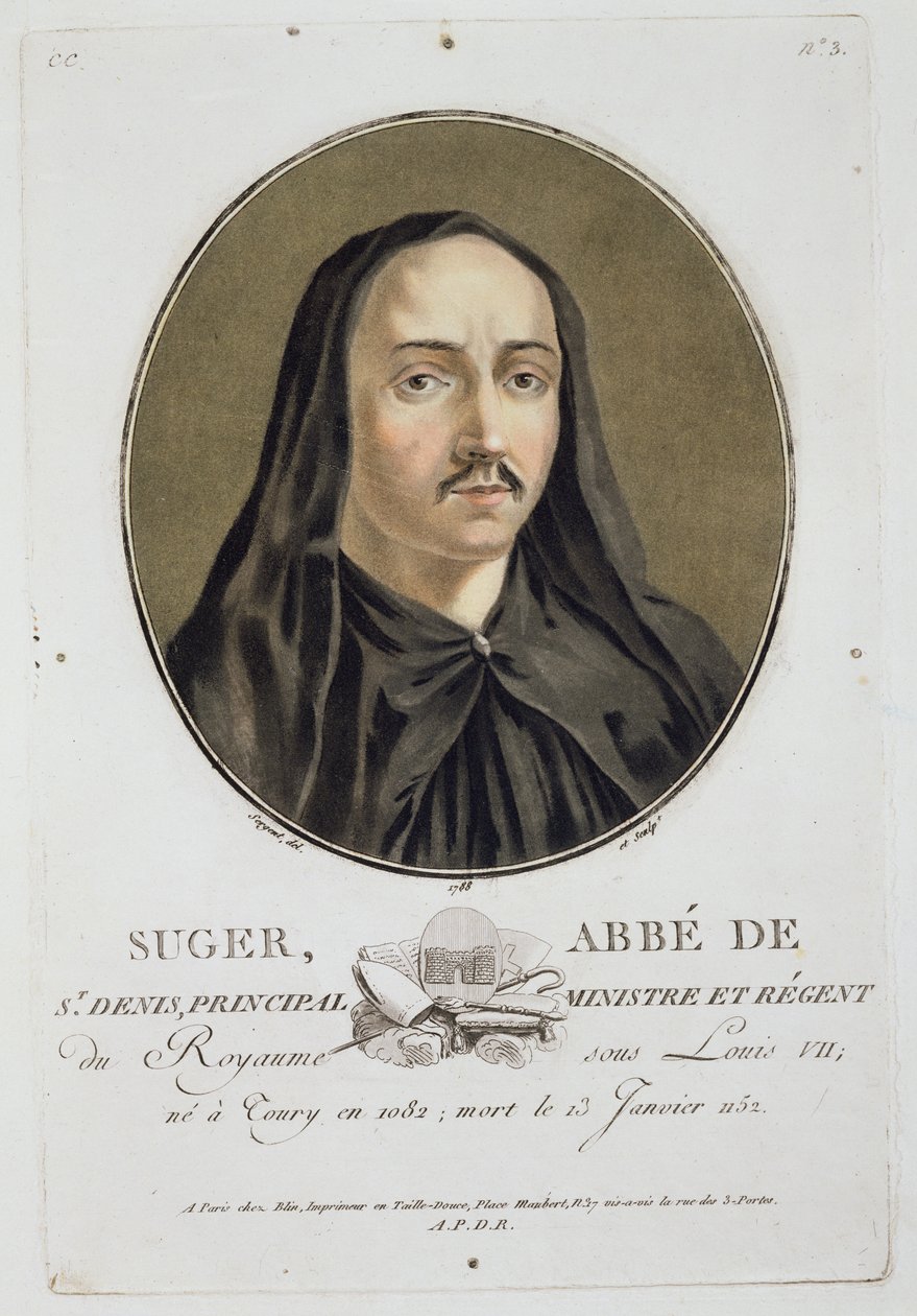 Abbe de Suger (1082-1151) z „Portréty velkých mužů, slavných žen a nezapomenutelných předmětů Francie“, publikované 1787-92 od Antoine Louis Francois Sergent Marceau