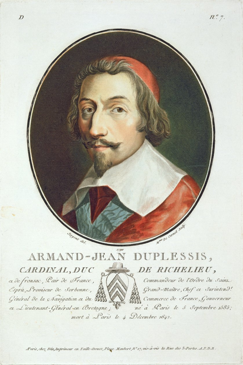 Armand Jean Duplessis, kardinál, vévoda de Richelieu (1585-1642) z „Portréty velkých mužů, slavných žen a nezapomenutelných předmětů Francie“, vyrytý paní de Cernel, vydáno 1787-92 (barevné od Antoine Louis Francois Sergent Marceau