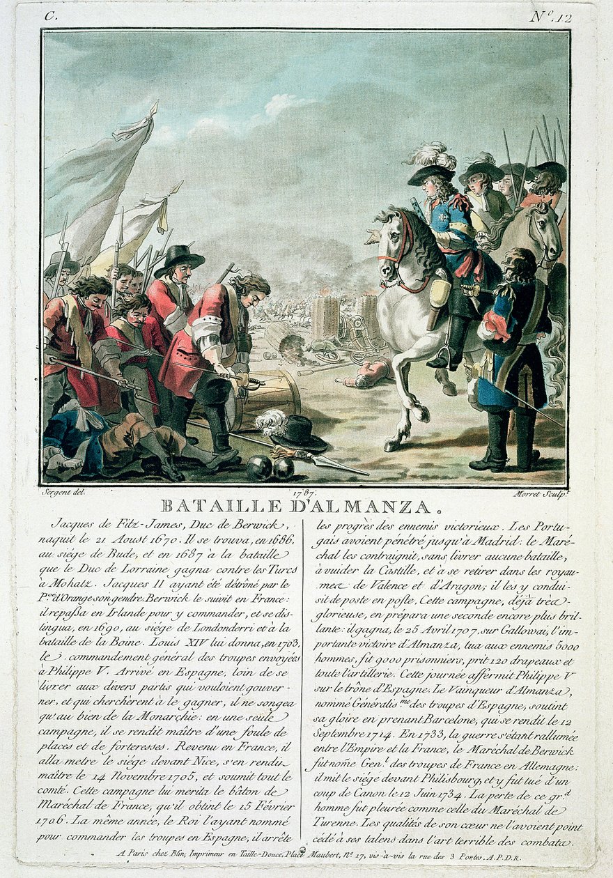 Bitva u Almansu, 25. dubna 1707, rytina Jean Baptiste Morret (fl.1790-1820), 1787 od Antoine Louis Francois Sergent Marceau