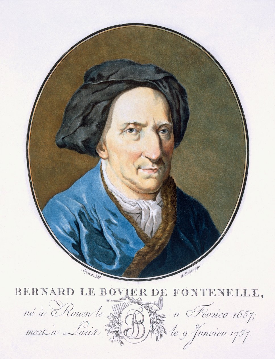 Bernard le Bovier de Fontenelle, z „Portréty velkých mužů, slavných žen a památných předmětů Francie, ryté a tištěné v barvách“, vydal Pierre Blin, 1786-92, Paříž (barva e od Antoine Louis Francois Sergent Marceau