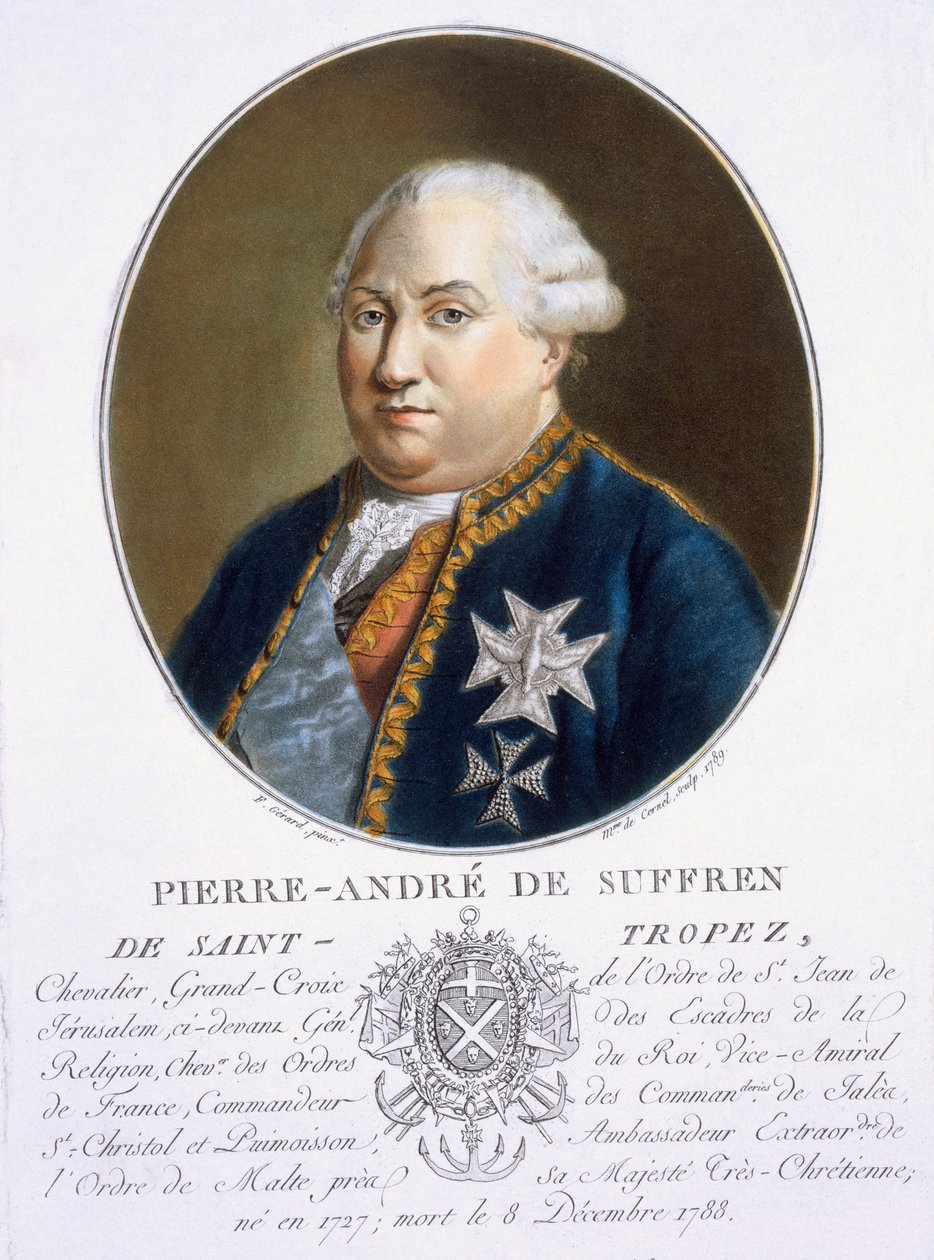 Pierre-Andre de Suffren de St Tropez, z „Portréty velkých mužů, slavných žen a památných předmětů Francie, hrob a barevné tisky“, vydal Pierre Blin, 1786-92, Paříž (kol. od Antoine Louis Francois Sergent Marceau