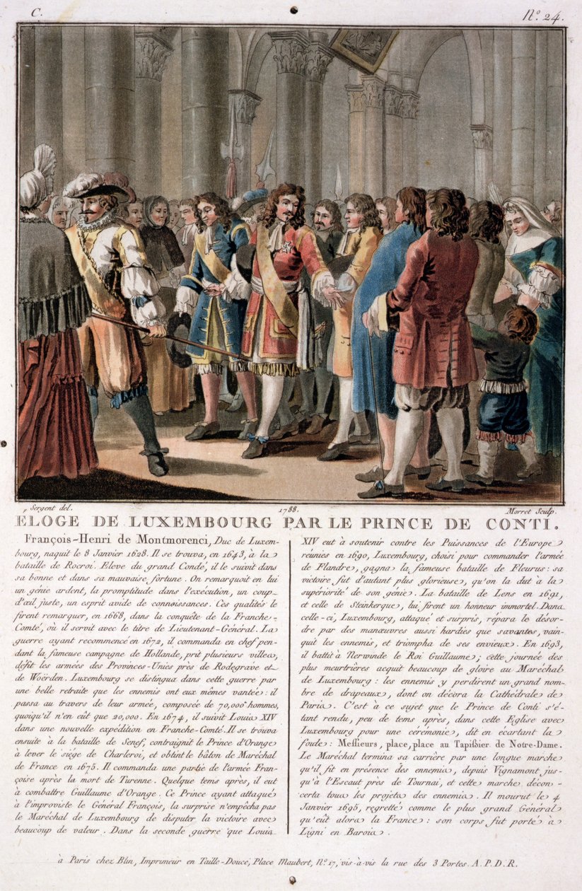 Princ de Conti (1664-1709) chválí lucemburského vévodu (1628-95) po jeho vítězství v bitvě u Neerwindenu (1693), ryl Jean Baptiste Morret (fl.1790-1820), 1788 (barevná rytina od Antoine Louis Francois Sergent Marceau