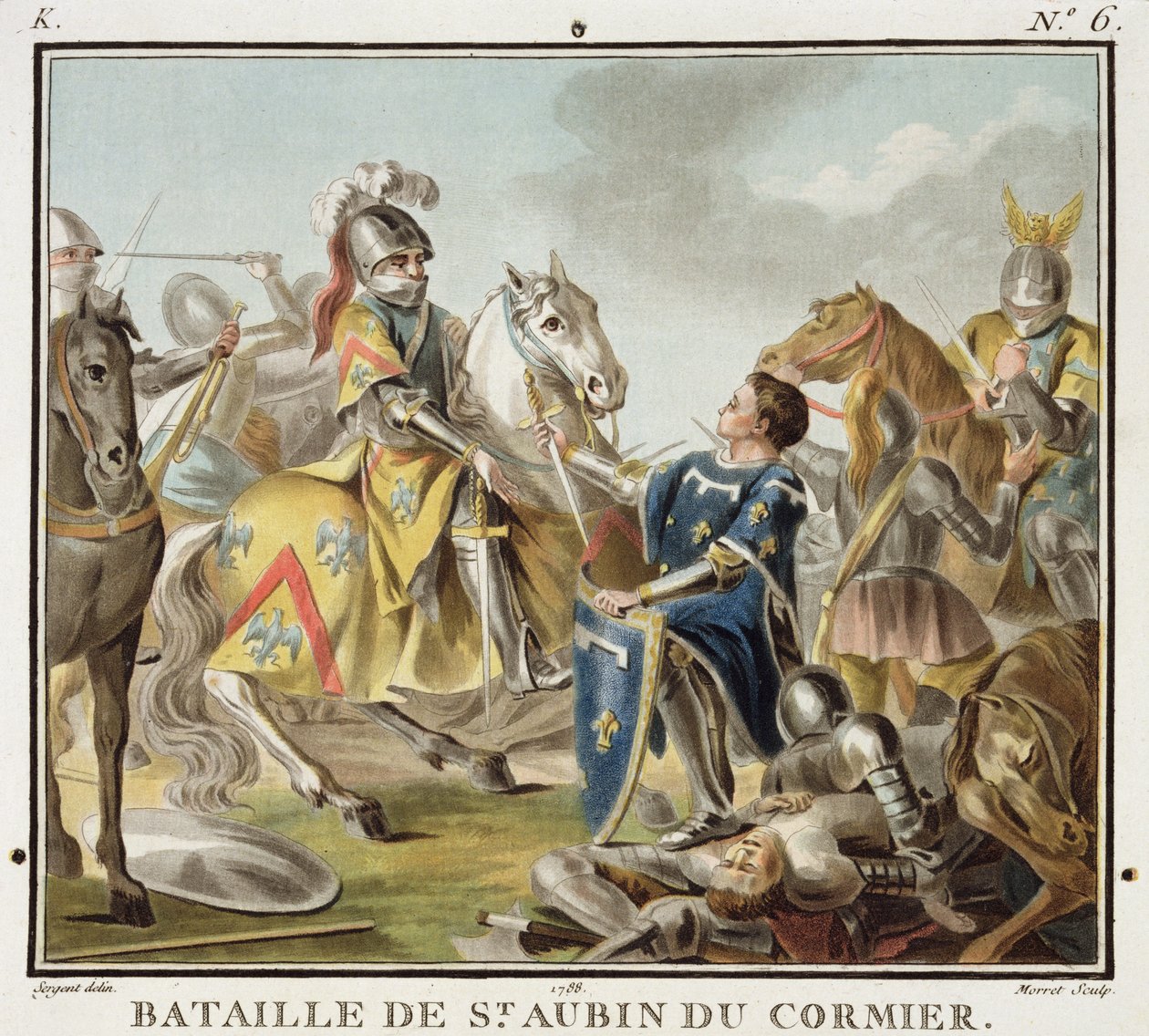 Bitva u St Aubin du Cormier v roce 1488, vyryl Jean Baptiste Morret (fl. 1790-1820) 1788 od Antoine Louis Francois Sergent Marceau