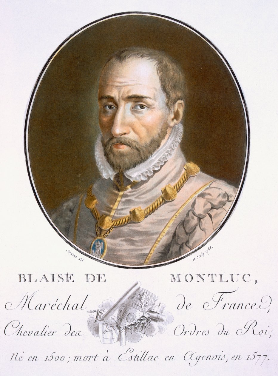 Blaise de Montluc, z „Portréty velkých mužů, slavných žen a nezapomenutelných předmětů Francie, ryté a tištěné v barvách“, vydal Pierre Blin, 1786-92, Paříž (barevná rytina) od Antoine Louis Francois Sergent Marceau