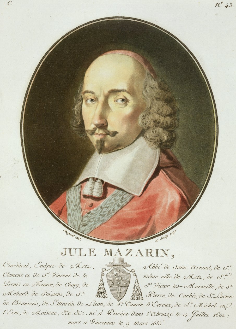 Kardinál Jules Mazarin (1602–1661) z „Portréty velkých mužů, slavných žen a nezapomenutelných námětů Francie“, vydané v letech 1787–92 od Antoine Louis Francois Sergent Marceau